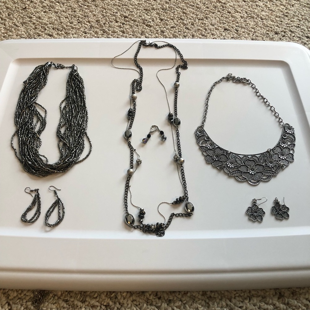 3 sets of silver paparazzi necklaces/earrings